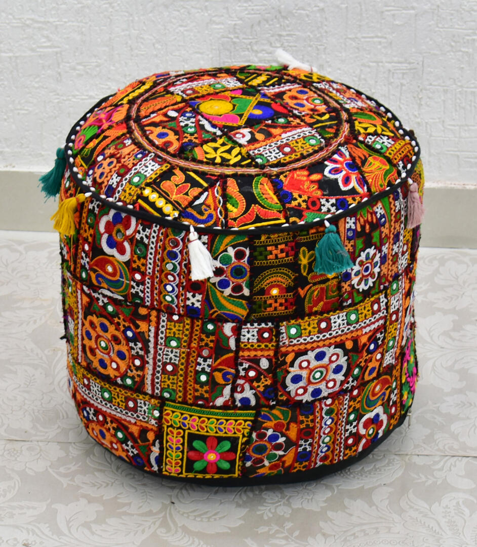 Gwen Pouffe/Ottoman Gujrati Rajmodi Patchwork - Black - Image 3